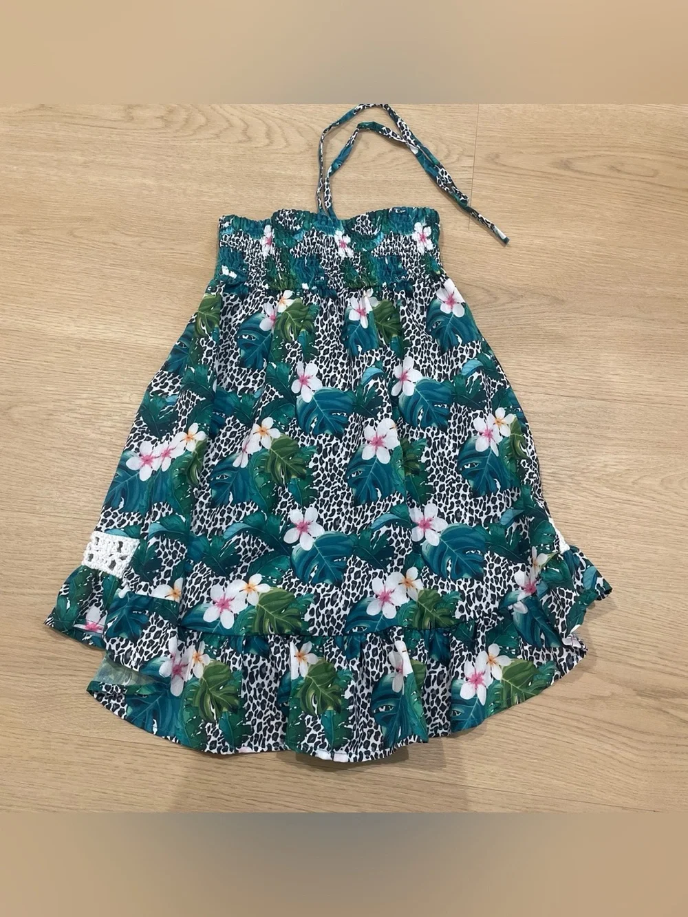 Girls' Teal Floral Halter Sundress with Lace Trim
